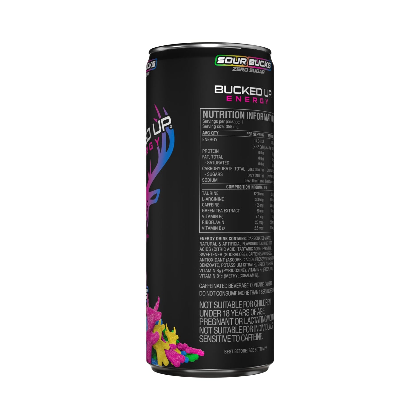 Bucked Up Energy Drink 355ml Sour Bucks Can Back