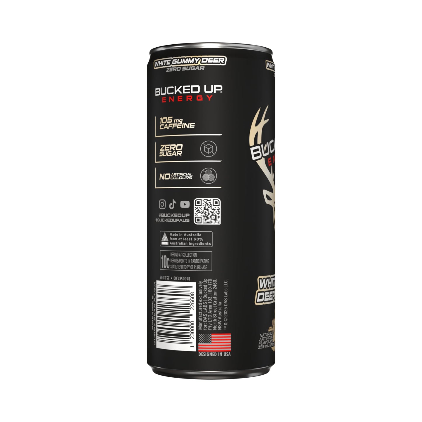 Bucked Up Energy Drink 355ml White Gummy Deer Can Side