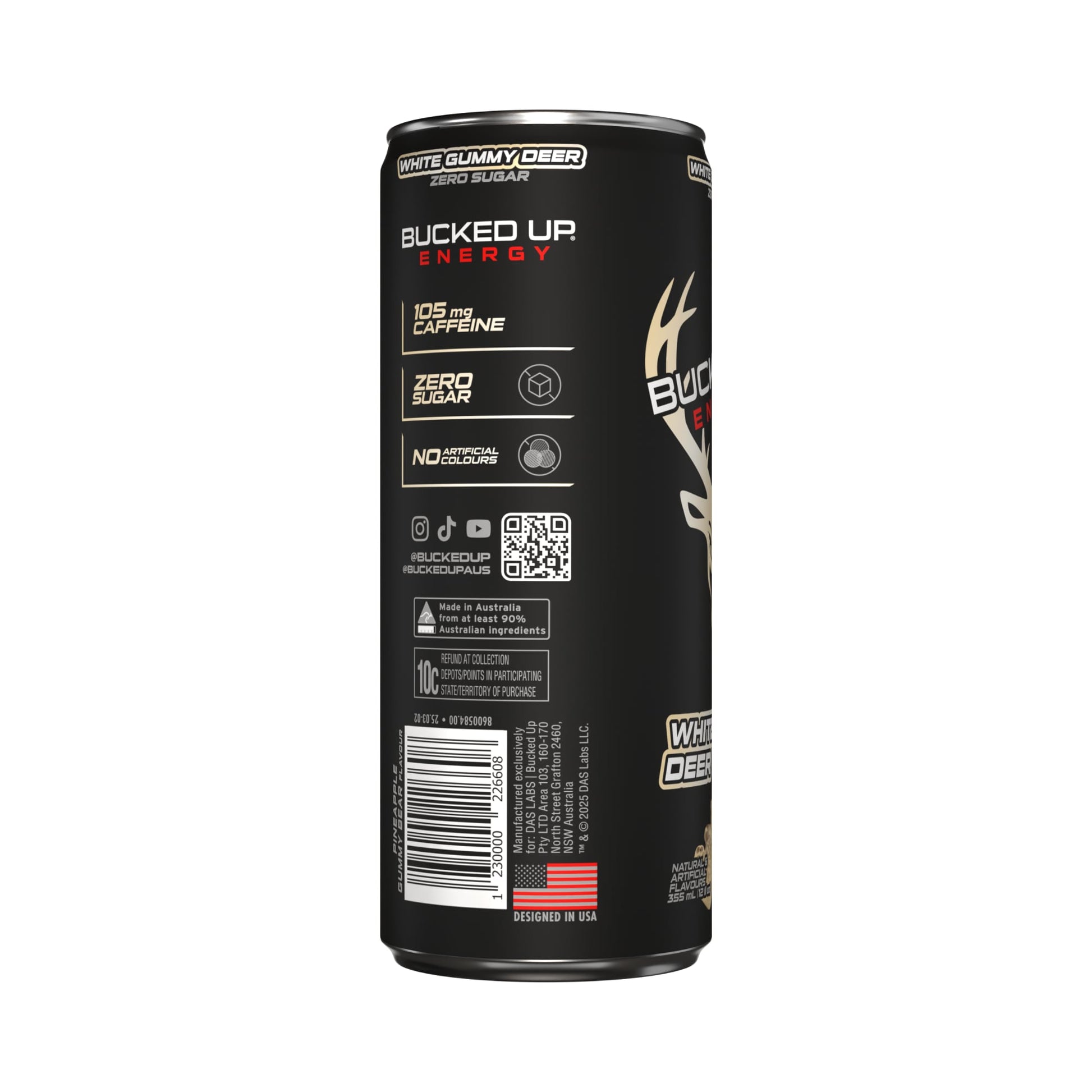 Bucked Up Energy Drink 355ml White Gummy Deer Can Side