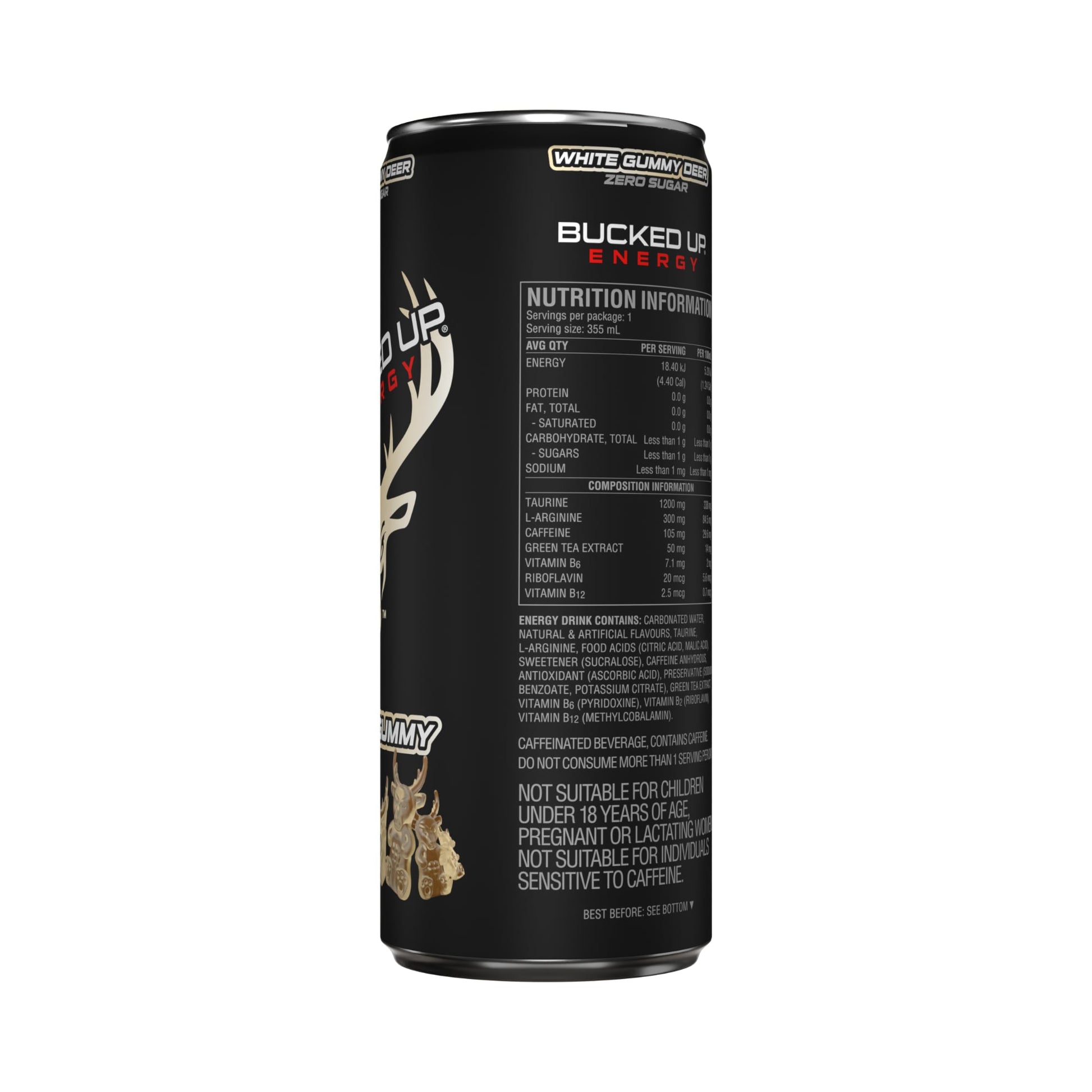 Bucked Up Energy Drink 355ml White Gummy Deer Can Back