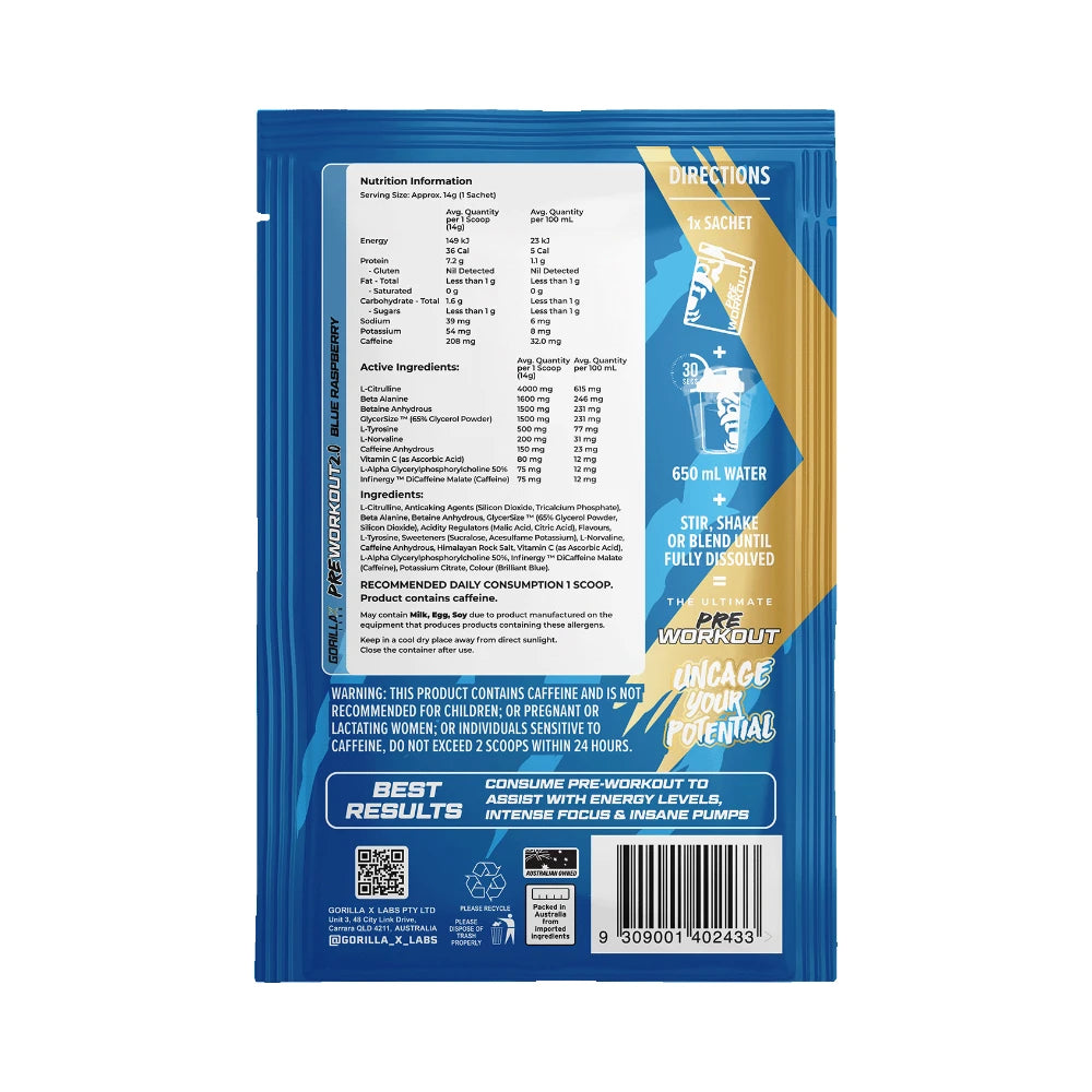 Gorilla X Labs Pre-Workout Sachet Blue Raspberry - 10 pack