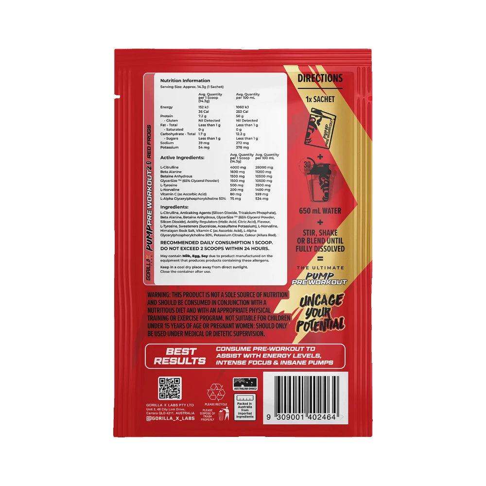 Gorilla X Labs Pre-Workout Non-Stim Sachet Red Frogs  - 10 pack
