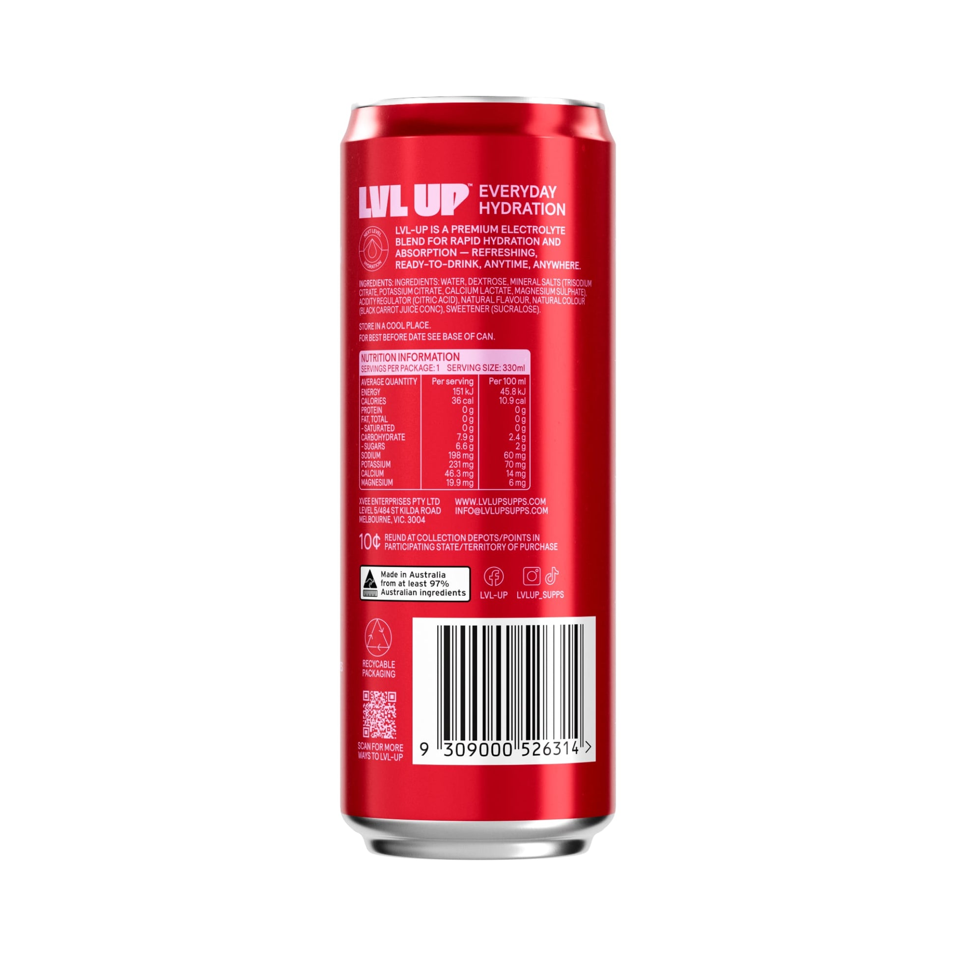 LVL UP Everyday Hydration RTD 330ml Mixed Berry Can Back