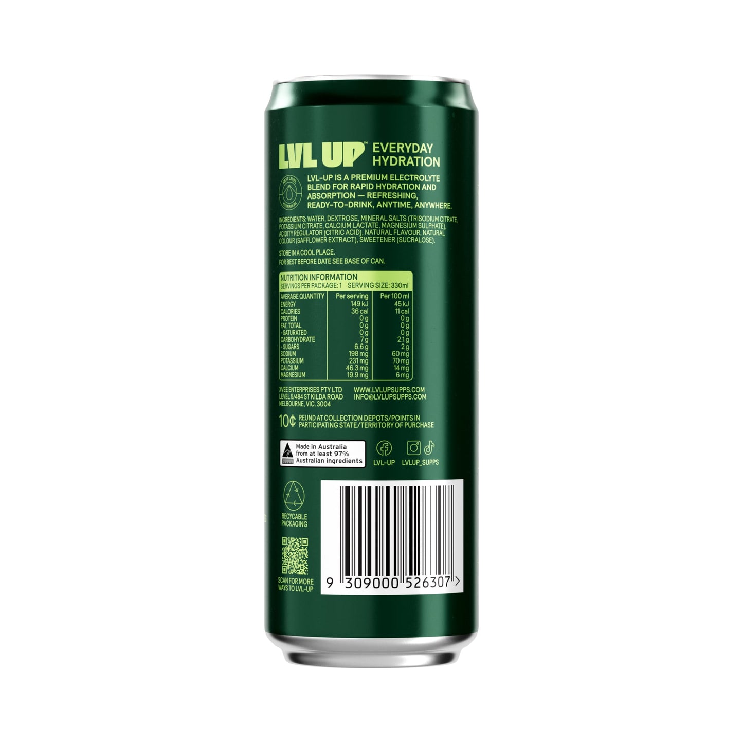 LVL UP Everyday Hydration RTD 330ml Lemon & Lime Can Back