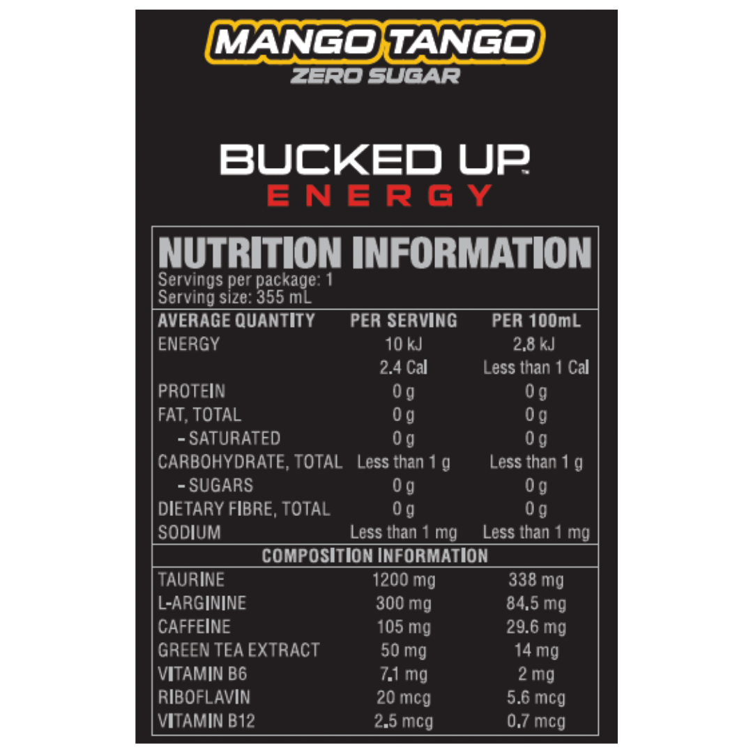 Bucked Up Energy Drink 355ml Mango Tango - 12 Pack