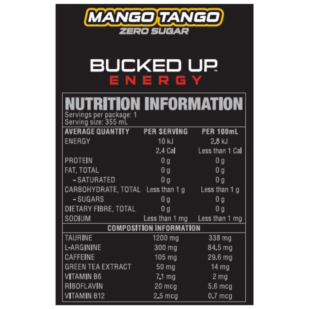 Ruck Nutrition Ruck Rage Mango Bucked Up Energy Drink 355ml Mango Tango - 12 Pack β Fitness Vending