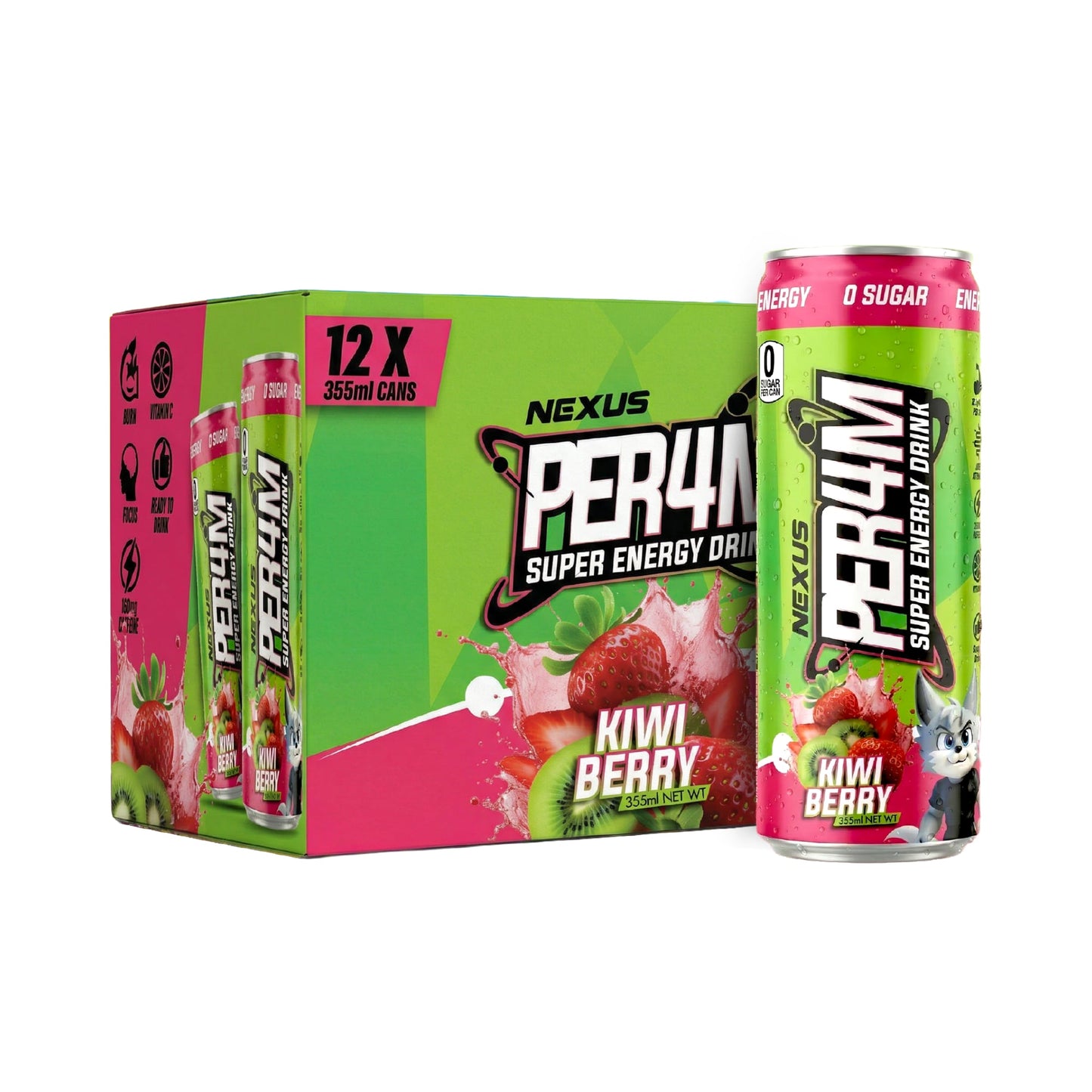 NEXUS Per4m Carbonated Super Energy Drink 355ml Kiwi Strawberry - 12 Pack