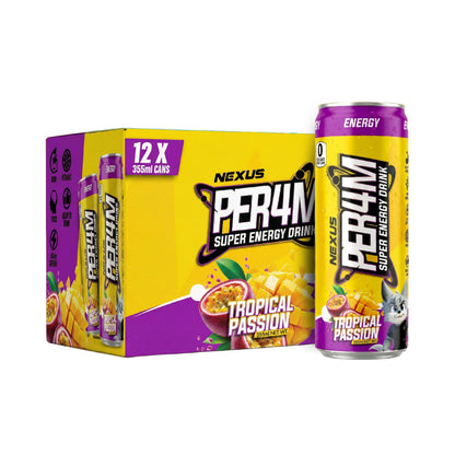 NEXUS Per4m Carbonated Super Energy Drink 355ml Tropical Passion - 12 Pack