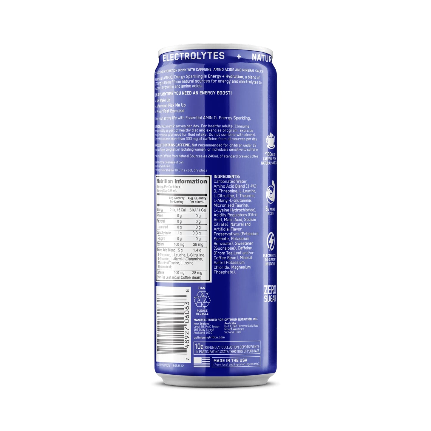 ON Amino Energy Sparkling Energy Drink 355ml Blueberry Lemonade Back