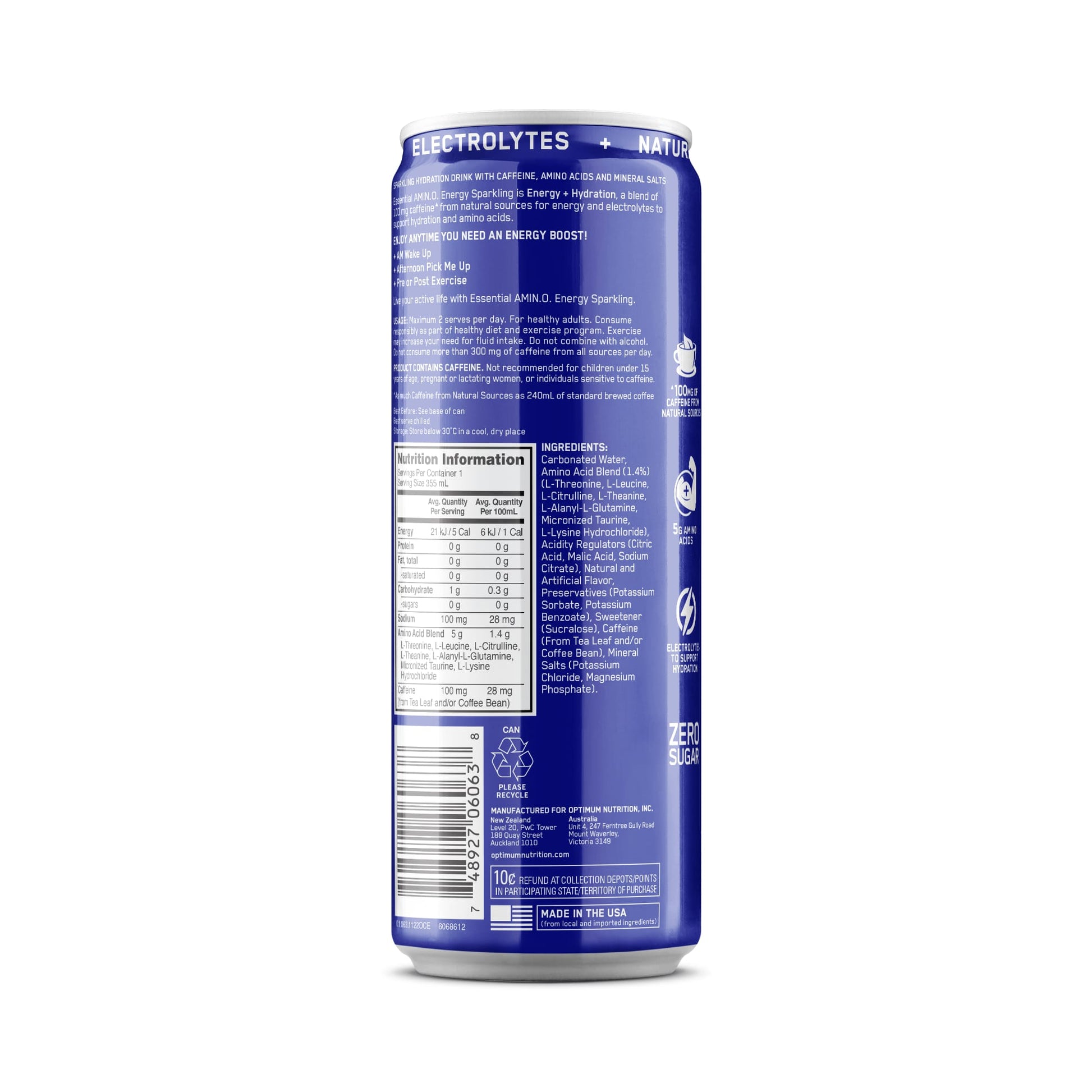 ON Amino Energy Sparkling Energy Drink 355ml Blueberry Lemonade Back