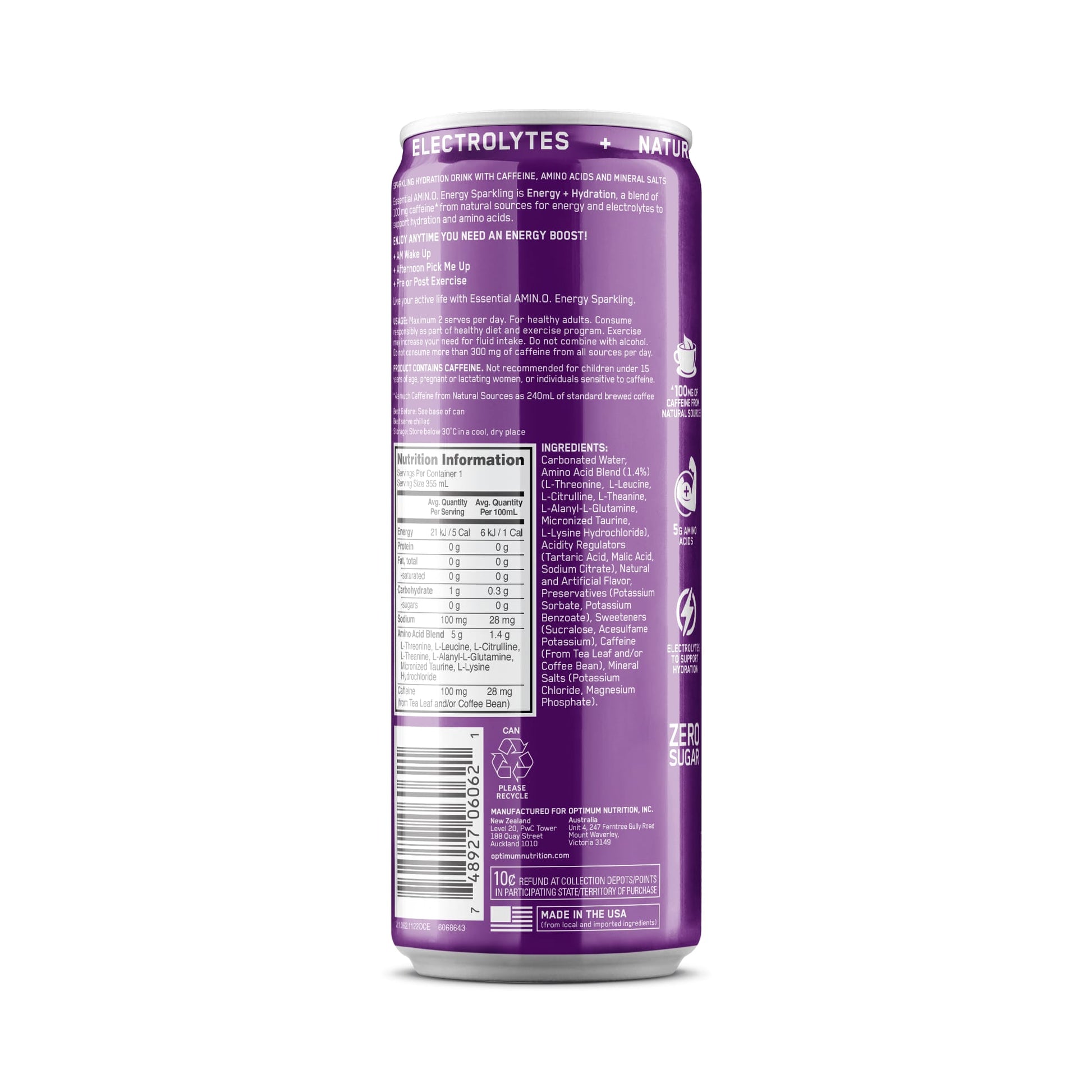ON Amino Energy Sparkling Energy Drink 355ml Grape Back
