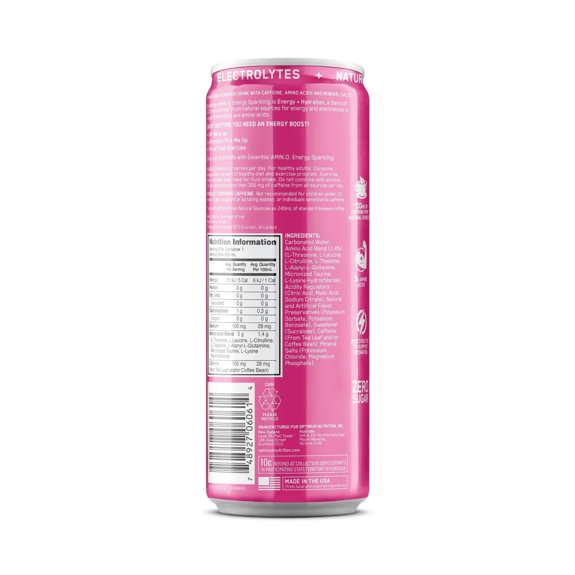 ON Amino Energy Sparkling Energy Drink 355ml Watermelon Back