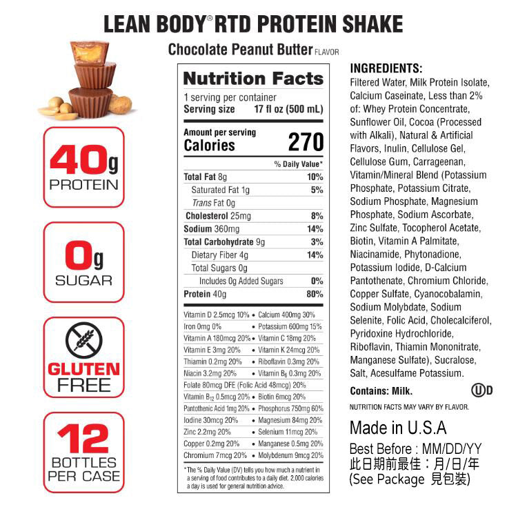 Lean Body 40g Protein RTD 500ml Choc Peanut Butter - 12 Pack