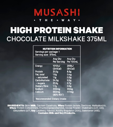 Musashi High Protein Shake - 375ml - Choc - 6 Pack