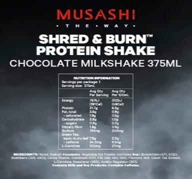 Musashi Shred  & Burn Shake- 375ml - Choc - 6 Pack
